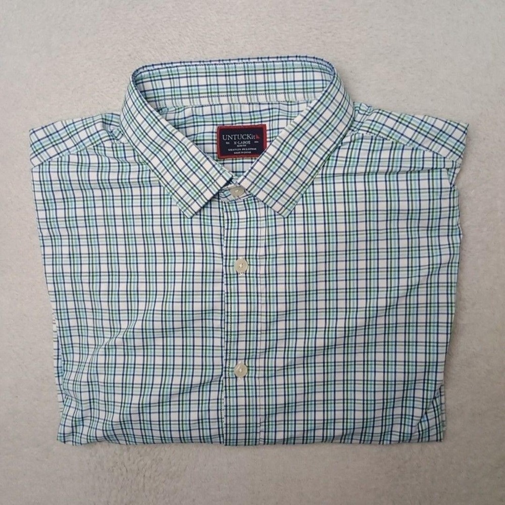 UNTUCKit Shirt Mens XL White Plaid Button-Up Slim Lightweight Stretch Torciano